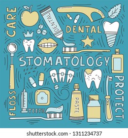 Stomatology doodle set with lettering