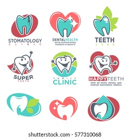 Stomatology family clinic, dental health and super teeth care emblems vector logos on white. Collection of healthy happy and damaged, white and blue teeth on labels. Dental care conceptual ads set