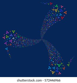 Stomatology fireworks swirl rotation. Vector illustration style is flat bright multicolored iconic symbols on a blue background. Object spiral made from random pictographs.