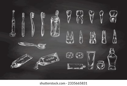 Estomatología dibujada a mano sobre fondo de pizarra. Tratamiento de dolor de dientes. Esbozo de dientes. Diferentes tipos de dientes humanos. Pinceles y pastas de dientes. Atención dental, instrumentos dentales.