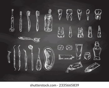 Estomatología dibujada a mano sobre fondo de pizarra. Tratamiento de dolor de dientes. Esbozo de dientes. Diferentes tipos de dientes humanos. Pinceles y pastas de dientes. Atención dental, instrumentos dentales.