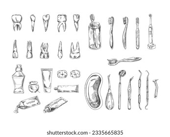 Stomatologie handgezeichnet Set. Zahnschmerzen. Zähne-Skizze. Verschiedene Arten menschlicher Zähne. Zahnbürsten und -pasten. Zahnpflege, Zahninstrumente.