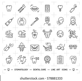 Stomatology Icon Dental Care Logo. Symbols Teeth, Dentist, Smile, Caries, Implant, Office. Dentistry Thin Line Art Icons, Vector Flat Illustration