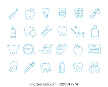 Stomatology icons. Dental teeth protection orthodontics mouth caries extraction vector healthcare thin line symbols