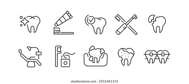 Stomatologie-Symbole gesetzt. 10 Stomatologie trendige minimale Symbole. Zahn, Zahnbohrer, Zahnbürste, Zahnpasta, Zahnstuhl, Mundhygiene, Implantat, Krone, Zahnseide Symbole. Vektorgrafik.