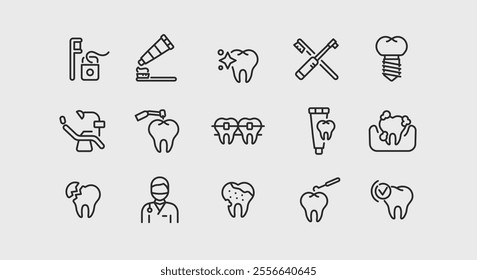 Stomatology icons set. 15 stomatology trendy minimal icons. Tooth, dental drill, tooth brush, tooth paste, dental chair, oral hygiene, implant, crown, floss icons. Vector illustration.