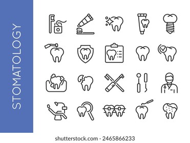 Conjunto de iconos de estomatología. 20 iconos mínimos de moda de la estomatología. Diente, taladro dental, cepillo de dientes, pasta dental, silla dental, higiene bucal, implante, corona, iconos de hilo dental. Ilustración vectorial.