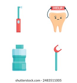 Stomatology icons set cartoon vector. Tooth with toothbrush and mouthwash. Healthcare, dentistry