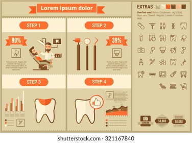Plantilla y elementos de la infografía estomatológica. La plantilla incluye ilustraciones de hombres hipster y un enorme e impresionante conjunto de iconos de línea delgada. Diseño de vector plano minimalista moderno.