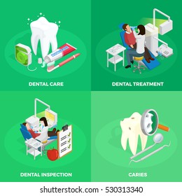 Stomatology isometric concept with dentist healthy and ill tooth medical checkup instruments on green background isolated vetor illustration