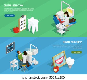 Stomatology isometric horizontal banners with orthodontic dentistry and tooth protection and checkup vector illustration