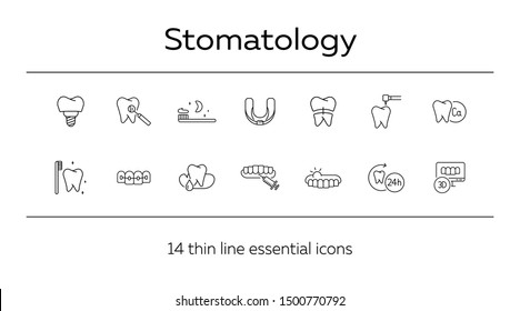 Stomatology line icon set. Teeth, brush, dentist, implant, braces. Dental care concept. Can be used for topics like denture, dentistry, clinic