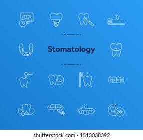 Stomatology line icon set. Teeth, brush, dentist, implant, braces. Dental care concept. Can be used for topics like denture, dentistry, clinic