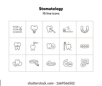 Stomatology line icon set. Teeth, brush, dentist, implant, braces. Dental care concept. Can be used for topics like denture, dentistry, clinic