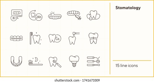 Stomatology line icon set. Teeth, brush, dentist, implant, braces. Dental care concept. Can be used for topics like denture, dentistry, clinic