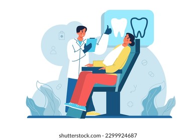 Stomatology medicine blue concept with people scene in the flat cartoon design. The dentist checks the condition of the patient's teeth after treatment. Vector illustration.