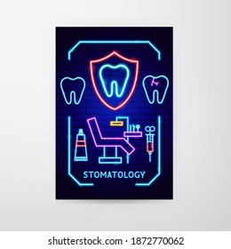 Stomatology Neon Flyer. Vector Illustration of Stomatology Promotion.