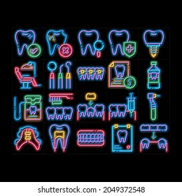 Stomatology neon light sign vector. Glowing bright icon  Stomatology Dentist Equipment And Chair, Healthy And Unhealthy Tooth Pictograms. Jaw Denture, Injection Anesthesia Illustrations