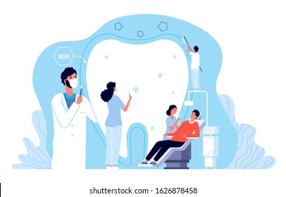 Stomatology. Orthodontics clinic, dental hygiene or dentist office. Private medicine dentistry services. Doctors and patient vector concept