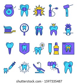 Stomatology and orthodontics icon set in colored line style. Dental care and treatment symbols. Vector illustration.