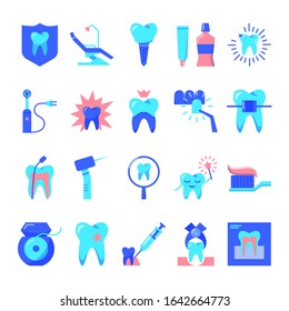 Stomatology and orthodontics icon set in flat style. Teeth care and dental treatment symbols. Vector illustration.