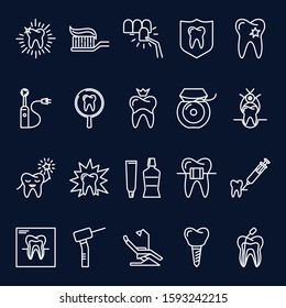 Stomatology and orthodontics icon set in line style on dark background. Dental care and treatment symbols. Vector illustration.