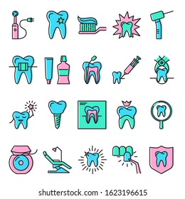 Stomatology and orthodontics icon set in line style with color. Dental care and treatment symbols. Vector illustration.
