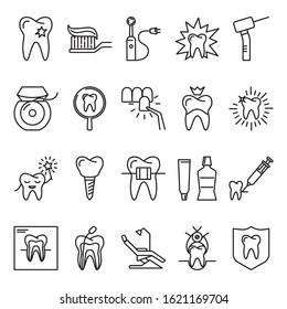 Stomatology and orthodontics icon set in thin line style. Dental care and treatment symbols isolated on white background. Vector illustration.