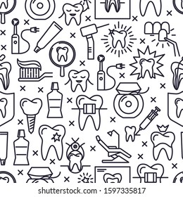 Stomatology and orthodontics seamless pattern in thin line style. Repeating background with dental care and treatment symbols. Vector illustration.