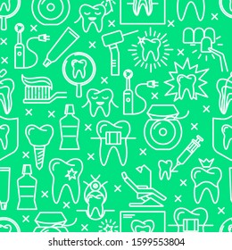 Stomatology and orthodontics seamless pattern in thin line style. Repeatable background with teeth care and treatment symbols. Vector illustration.