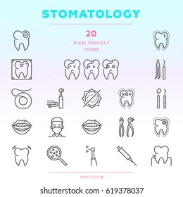 Stomatology outline icon set of 20 thin modern and stylish icons. Part 2 of 2. Dark line version. EPS 10. Pixel perfect icons.