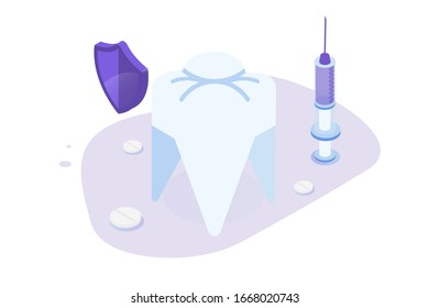 Estomatología, proteger el concepto de dientes.  Ilustración isométrica vectorial para afiche, volante, banner.