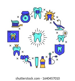 Stomatology round concept banner in colored line style. Teeth care and dental treatment symbols. Medical clinic poster. Vector illustration.