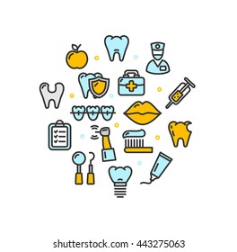 Stomatology Round Design Template Thin Line Icon Set Isolated on White Background. Vector illustration