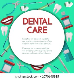 Stomatology round vector banner with shadow,poster design on background with dental and orthodontics instruments and tools,dental care, market concept. Vector illustration
