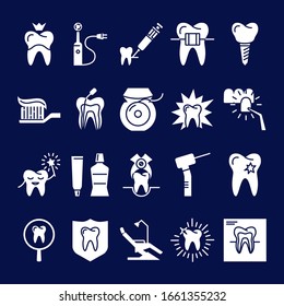 Stomatology silhouette icon set in flat style. Teeth care and dental treatment symbols on dark background. Vector illustration.