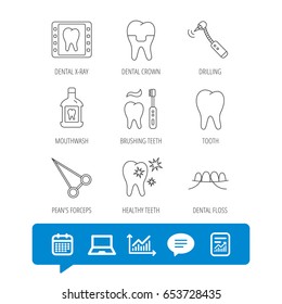 Stomatology, tooth and dental crown icons. X-ray, mouthwash and dental floss linear signs. Toothache, forceps icons. Report file, Graph chart and Chat speech bubble signs. Vector