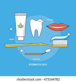 stomatology vector illustration, line art set of objects