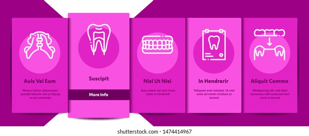 Stomatology Vector Onboarding Mobile App Page Screen. Stomatology Dentist Equipment And Chair, Healthy And Unhealthy Tooth Linear Pictograms. Jaw Denture, Injection Anesthesia Illustrations