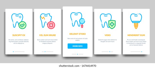 Stomatology Vector Onboarding Mobile App Page Screen. Stomatology Dentist Equipment And Chair, Healthy And Unhealthy Tooth Linear Pictograms. Jaw Denture, Injection Anesthesia Illustrations