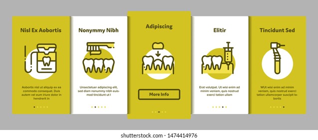 Stomatology Vector Onboarding Mobile App Page Screen. Stomatology Dentist Equipment And Chair, Healthy And Unhealthy Tooth Linear Pictograms. Jaw Denture, Injection Anesthesia Illustrations