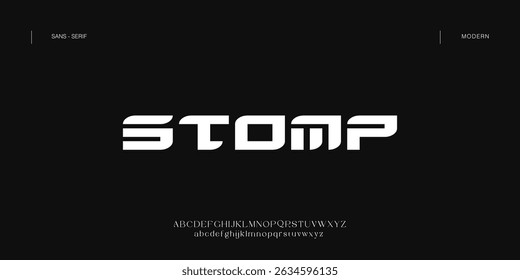 Stomp minimal modern logo alphabet font. Typography abstract minimalist sans serif technology, electronic, digital, music, movie, creative logos fonts. vector illustration