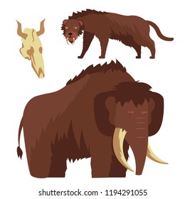 Stone age animals. Mammoth and saber-toothed tiger vector illustration isolated on white background