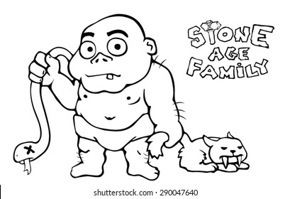 stone age baby with snake and saber-toothed tiger