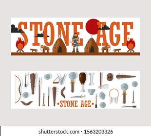 Stone age banner, vector illustration for museum brochure, history book or archeology article. Ice age caveman, extinct animals, primitive tools and weapons. Stone era typographic banner in flat style