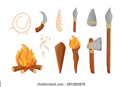 Stone Age, Barbarian Tools, Weapon, Fireplace And Necklace From Bones In Cartoon Style Isolated On White Background. Knife, Axe And Arrow From Sharpen Rock, Wooden Cub. Archaeology Concept.