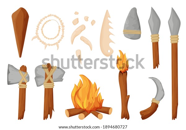 Stone age, barbarian tools, weapon, fireplace and necklace from bones