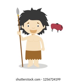 Stone Age boy cartoon character with a rock painting. Vector Illustration. Kids History Collection.