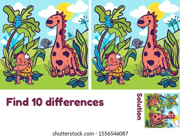 Stone age boy and dinosaur. Find 10 differences. Education game for children.