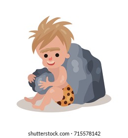 Stone age cave boy sitting and playing stones, colorful vector illustration